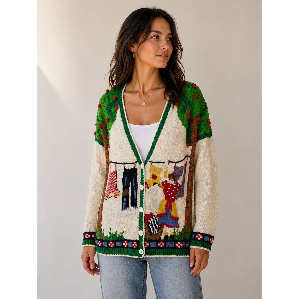 Maira Christina Hand Knitted Novelty Cardigan Laundry Day Apple Tree Women M